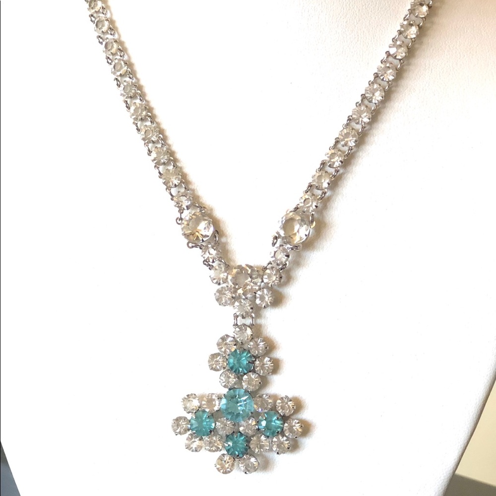 Bezel Set Vintage Art Deco Crystal Blue Necklace